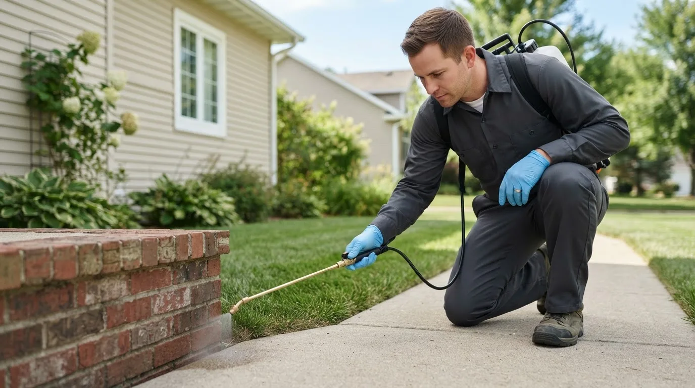 Pest control technician treating a home near Helix, OR